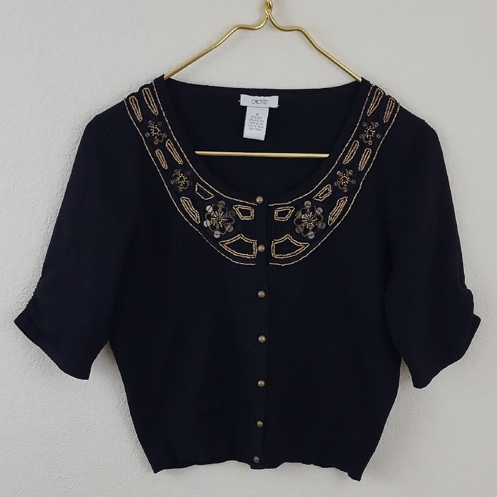 Cache Cardigan Silk Blend Cropped Black Beaded 3/4 Sleeve Size Medium